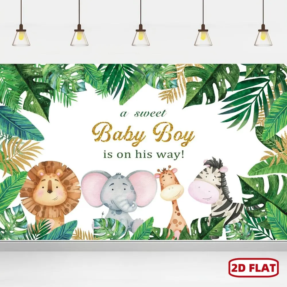 1pc 2D Flat Jungle Safari Youngsters Shower Backdrop - Green Leaves & Animals Theme, Durable ployester  Booth Background for Parties, Birthdays, and Events Banners