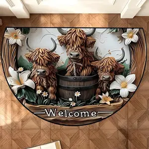 Half Round Welcome Door Mat, Vintage American Style Highland Cow Rug, Animal Printed Rug, Indoor Entrance Hall Carpet, Durable Fabric, Suitable for Living Room Bedroom