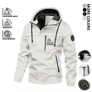 Clean Gent new outdoor hooded couples’ mountaineering jacket; spring/autumn stylish solid-color breathable jacket with letter print design; outdoor zip-up jacket; mountaineering jacket; outdoor apparel; men’s clothing, Level 4, suitable for outdoor use.