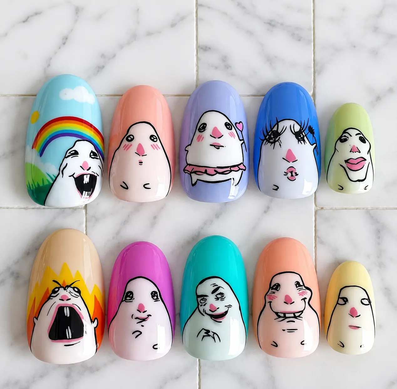 Funny Hamster Meme Press-On Nails – Handmade Cartoon Nail Art, Cute Expressive Faces & Colorful Pastel Y2K Design | Free Adhesive Tabs, Nail File, Cuticle Stick