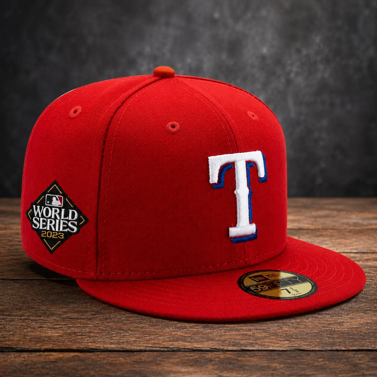 Texas Rangers Red 59FIFTY Fitted Hat – 2023 World Series Patch Flat Brim Baseball Cap