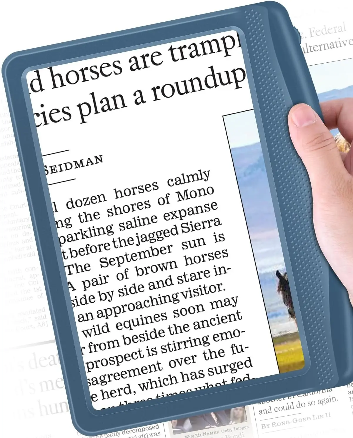 Rechargeable 5X Magnifying Glass for Reading, Large Bright Full Page Magnifier with Light, Handheld LED Dimmable Lighted, Lightweight Book Magnifier for Reading Small Prints Seniors - Blue