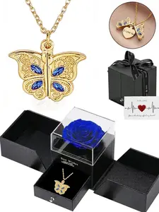 Elegant Butterfly Locket Necklace with Preserved Rose Box,"I LOVE YOU" Hidden Message Pendant, Romantic Jewelry Set, Valentines Day Gift for Her, Birthday Surprise,Luxury Jewelry Gift Set, Mother's Day Present, Unique Gift for Mom/Sister, Meaningful Love