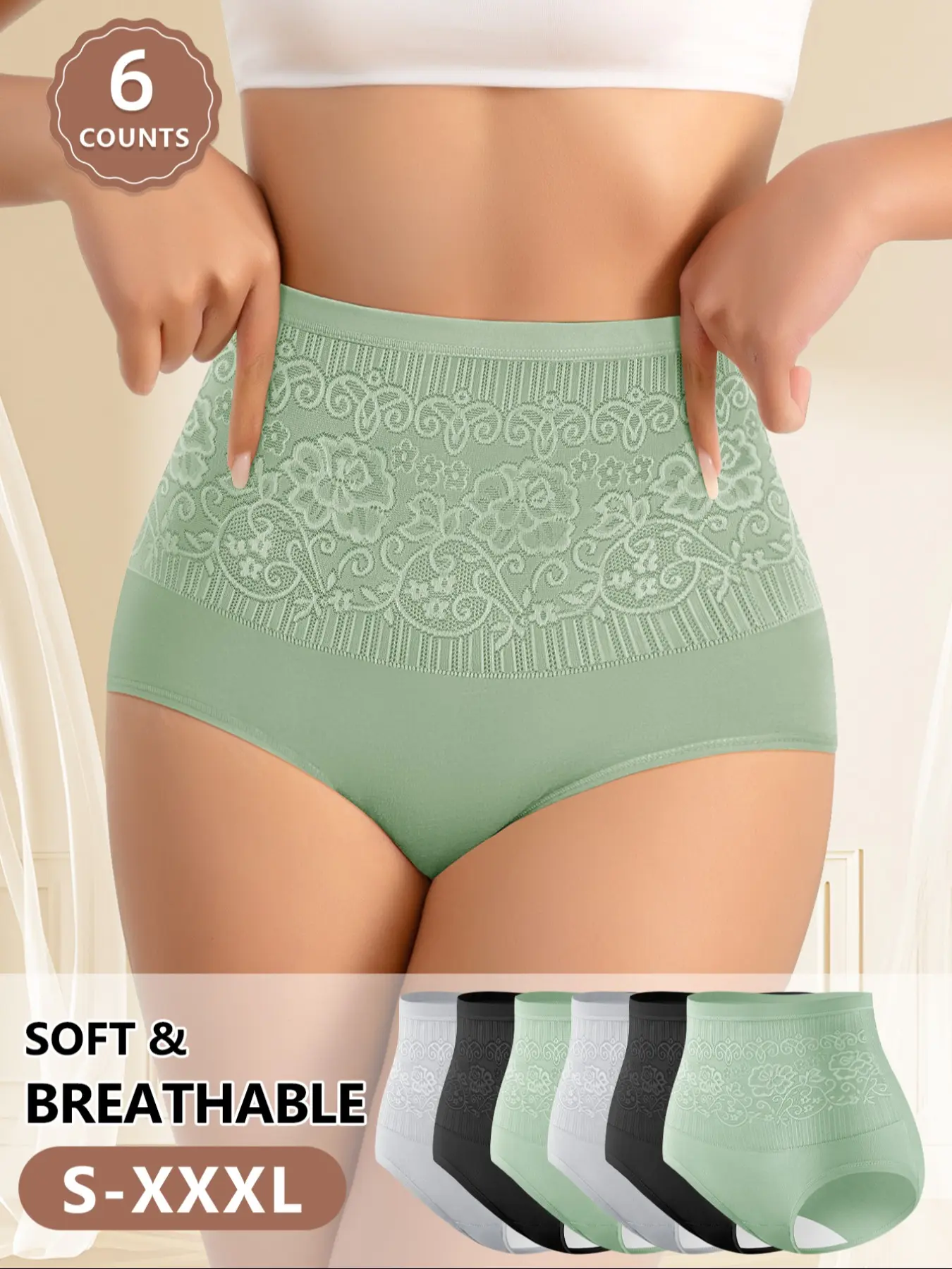 6-Pack MEIYATING  Women's Floral High-Waist Knit Briefs, Comfortable Breathable Fitted Everyday Underwear, All-Season Casual Style, High-Quality Skin-Friendly Trunks