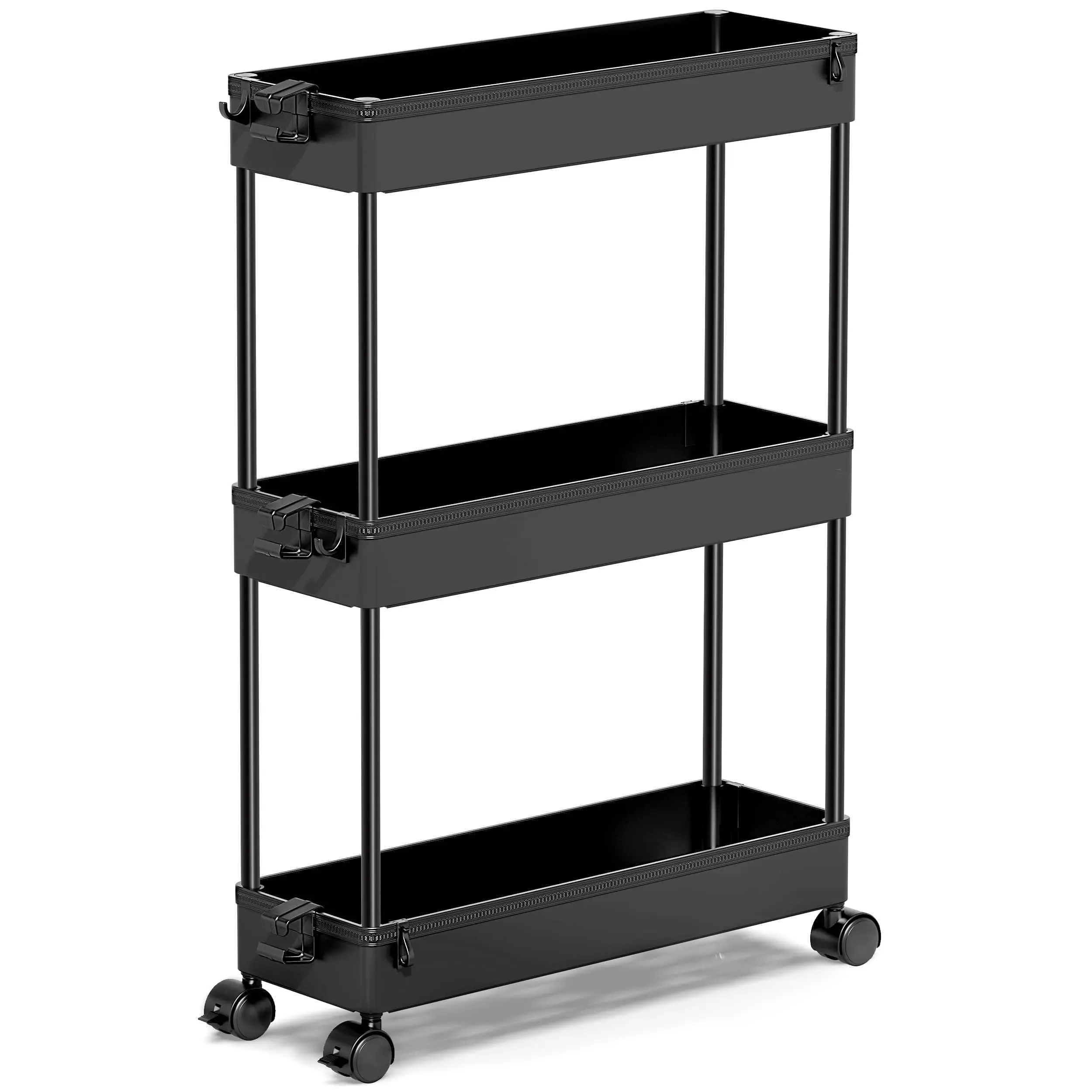 Durable Plastic 3-Tier Slim Rolling Storage Cart, Mobile Shelving Rack for Bathroom, Kitchen, Narrow Spaces, Multi-Purpose Home Organizer Utility Cart, Black, Racks