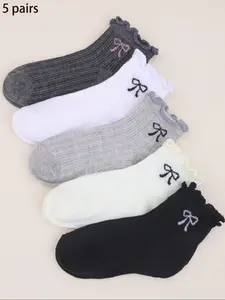 Women's Mixed Color Lace Bow Crew Socks, Breathable Casual Fitted Low Cut Socks, Moisture-Wicking Simple Style for All Seasons