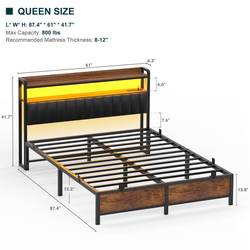 Homieasy Bed Frame with Charging Station and LED Lights, Adjustable Upholstered Headboard, Steel Slat Support, No Box Spring Needed, Rustic Brown king  bed Unique Bedroom Furniture