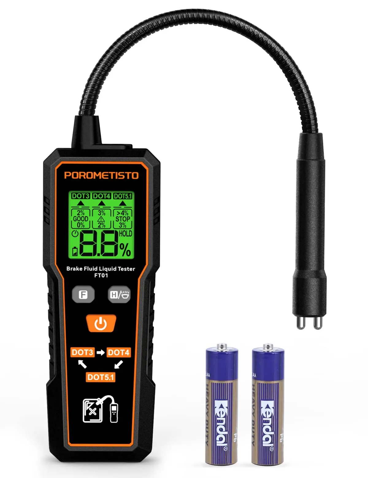 POROMETISTO FT01 Digital Brake Fluid Liquid Tester - 1.4" LCD Display, Flexible Probe, Buzzer Reminder, Flashlight, for DOT3 DOT4 DOT5.1 Car Brake Oil Measurement Diagnostic Tool