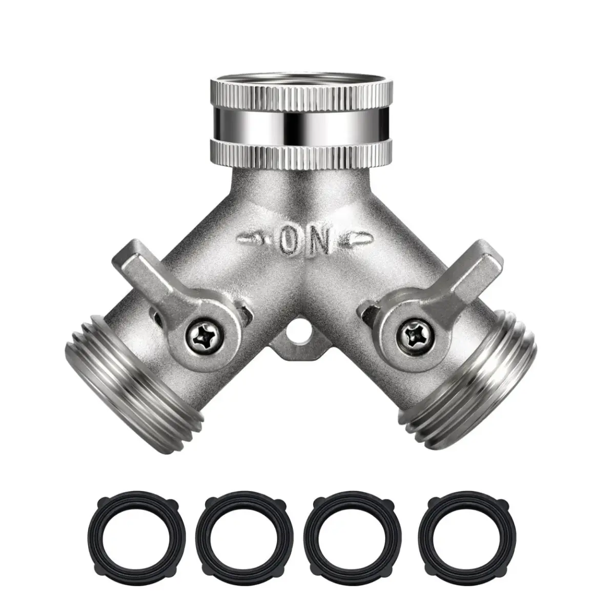 2 Way Y Hose Splitter Connector with Comfortable Grip Shut Off Valves, Adapter for Water Tap, Outlet, & Spigot, Brass material metal hose splitter