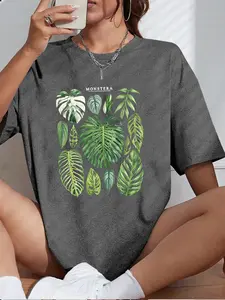 Women's Monstera Print T-Shirt, Short Sleeve Round Neck Casual Top, Fitted Summer & Spring Wear, Comfortable Knit Fabric, Stylish Design, Womenswear