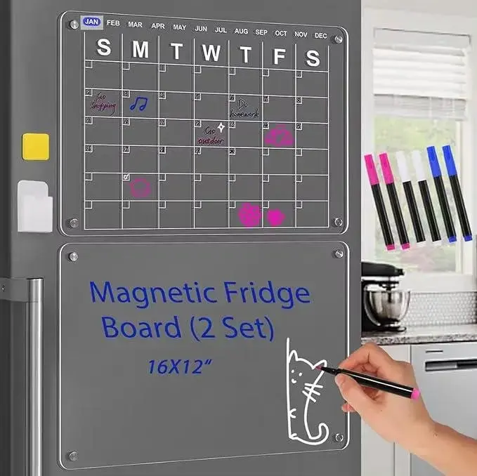 Acrylic Magnetic Calendar Set for Fridge - Clear Reusable Planner with 6 Dry Erase Markers in 5 Colors