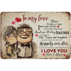 VIOFLOW Vintage Metal Tin Sign Carl and Ellie to My Love Once Upon A Time I Became Yours I Love You Valentine's Day Sign Funny Novelty Kitchen Bar Garage Home Decor Wall Art Tin Signs 8X12 Inches