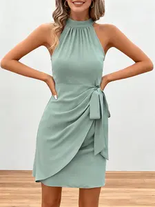 A women's mint green off-shoulder slim-fit waist-cinching dress with a large bow decoration and asymmetrical pleats, Formal Wear, suitable summer, dating, light dinner parties, and the workplace.