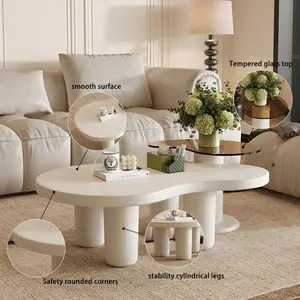 [SOIYELIFE] Cream White Modern Nesting Coffee Tables Set of 2, 2 in 1 Irregular Coffee Table with Glass Top End Table for Living Room Easy to Assemble Fine furniture