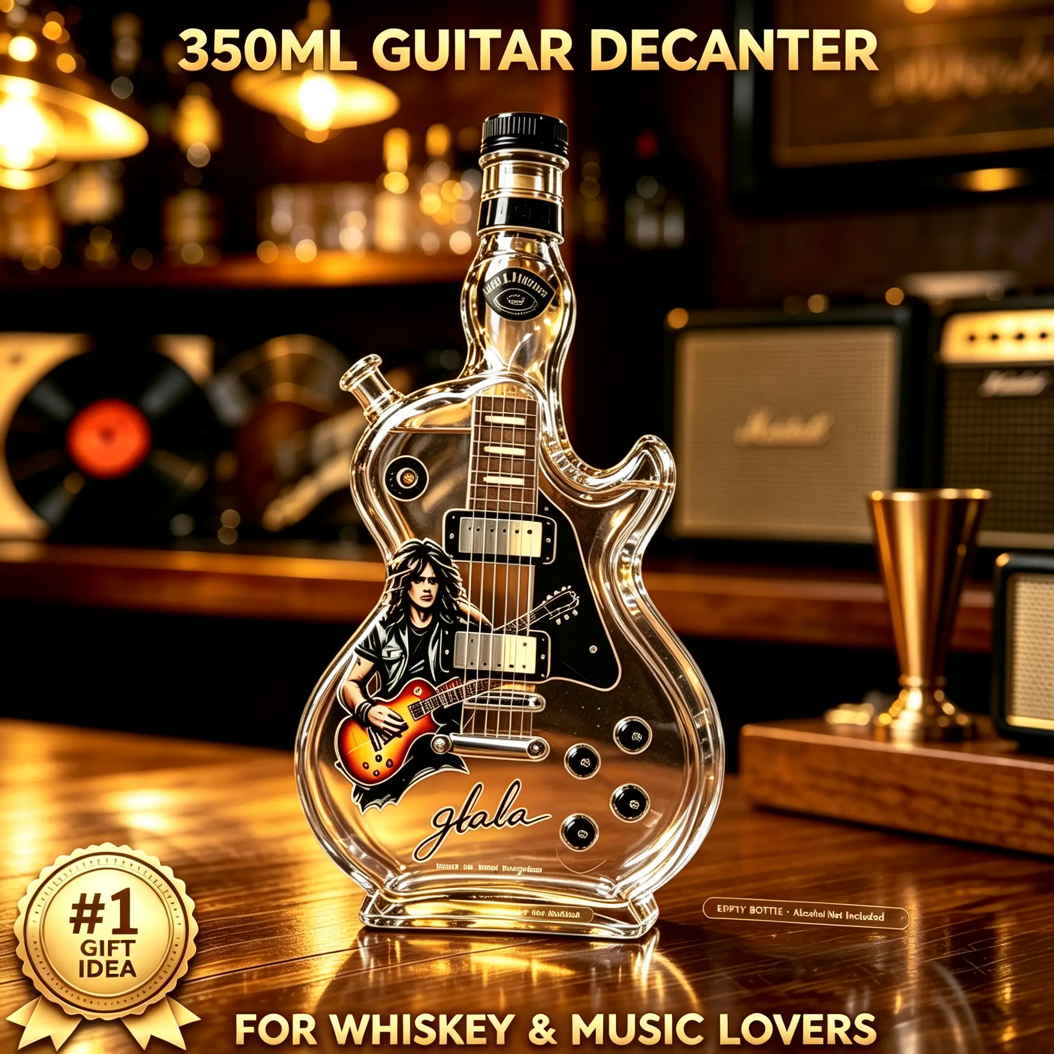 Guitar Shaped Whiskey Decanter, Empty Glass Liquor Bottle, Rock Slash Themed Barware, Collectible Home Bar Decor Gift For Rock Music Fans, Alcohol Not Included