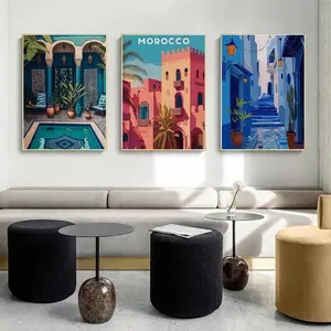 Set of 3 Unframed Moroccan Cityscape Canvas Prints, High-Quality Wall Art for Home and Office Decor, Perfect for Living Room and Café Decoration