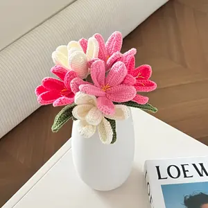 6Pcs Handmade Cotton Knitted Loop & Bloom Tulip Artificial Flowers Set, Lifelike Plant Bouquet with Decorative Greeting Card, Home, Room Decor for Mom, Girlfriend, Ready-to-Gift, Memorial Day