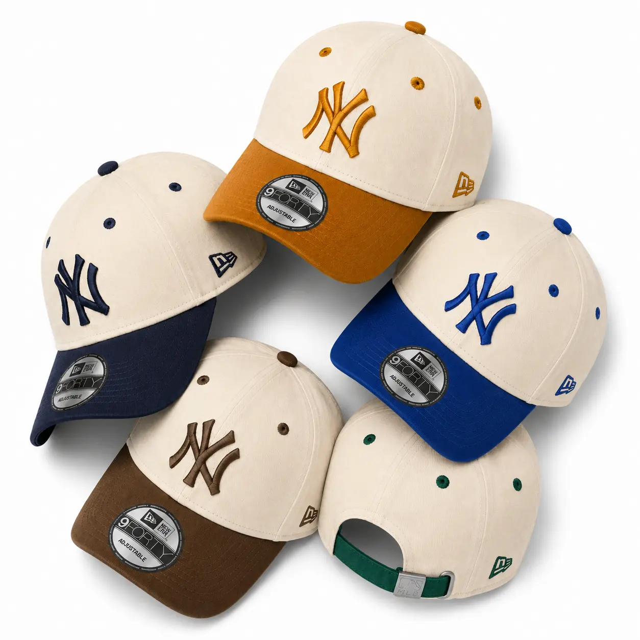 MLB 9FORTY New York Yankees 2-Tone Curved Brim Baseball Cap - Adjustable Strapback with Engraved Metal Buckle, Men's & Women's Sports Collectibles Headwear