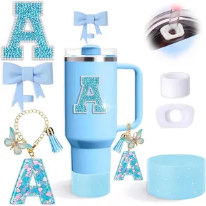 6pcs Blue Stanley Cup Accessories Set, Bow Straw Topper for Stanley Cup 30oz 40oz, Including Straw Topper and Sparkly Silicone Boot, Stoppers Spill Proof, Handle Charm, Initials Sticker