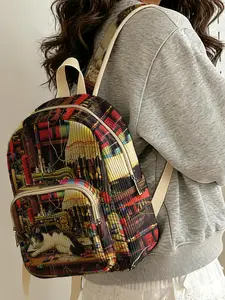 1 piece of 2D printed lady's backpack with sewing cat pattern, corduroy texture + layered storage + light weight reduction | perfect for students to go to class/shopping/short trips | combines atmosphere with practicality Lightweight Backpack