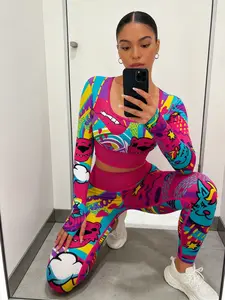 Graffiti Print Long Sleeve Sporty Round Neck Yoga High Waist Set, Moisture Wicking, Outdoor Sports, Summer Spring Weight Loss Slimming, Sportswear Set
