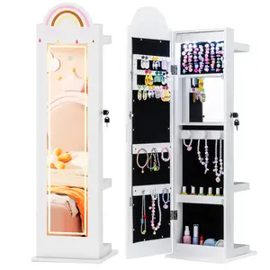 COSTWAY - 3 In 1 Kids Jewelry Cabinet Freestanding Jewelry Armoire with 3-Color Lighted Mirror-White