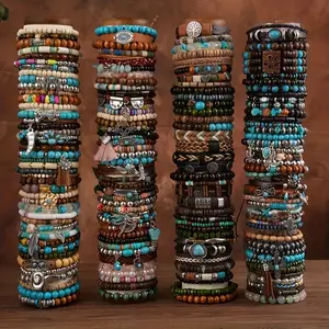 6/12/18Pcs Retro-Style Ethnic Fashion Bracelets Made with Turquoise And Wooden Beads on Elastic String, Sent Randomly