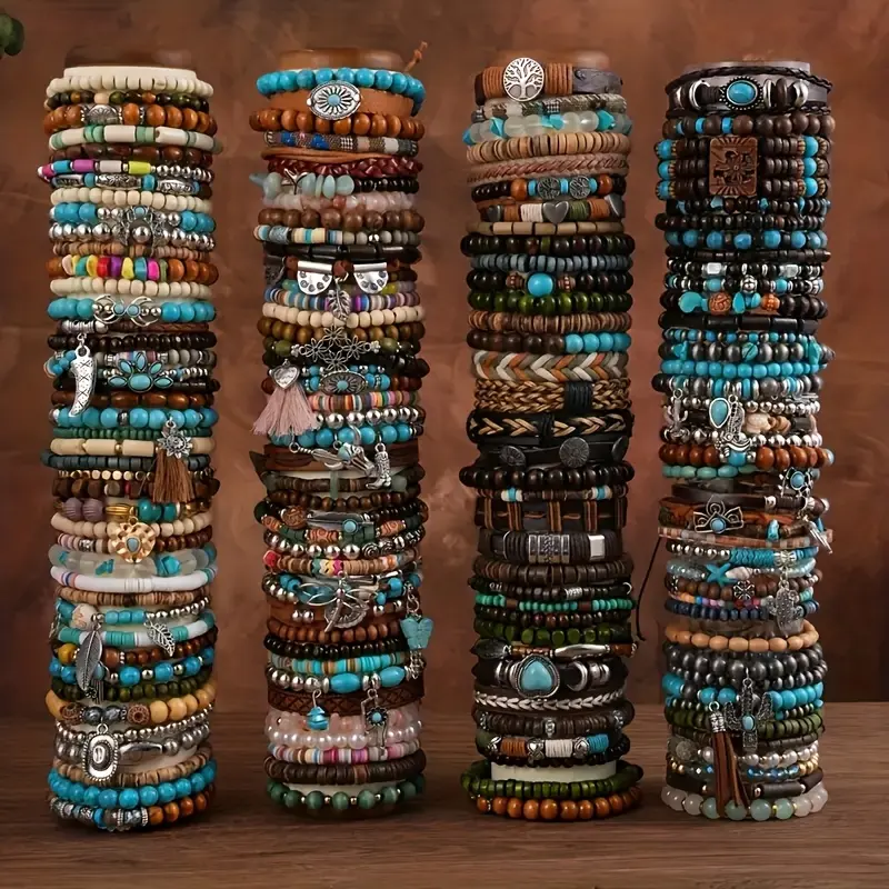 Retro Ethnic Fashion Bracelets, 6/12/18 Pcs Turquoise & Wooden Bead Elastic String Bracelets, 12 Piece Random Delivery, 18Pcs, Yes, Chunky Jewelry, Daily Wear