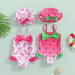 PYBCVRRD Toddler Infant Baby Girl Watermelon Print Swimsuit Cute Bow Spaghetti Strap Sleeveless Swimwear with Hat Beachwear 0-24 Months