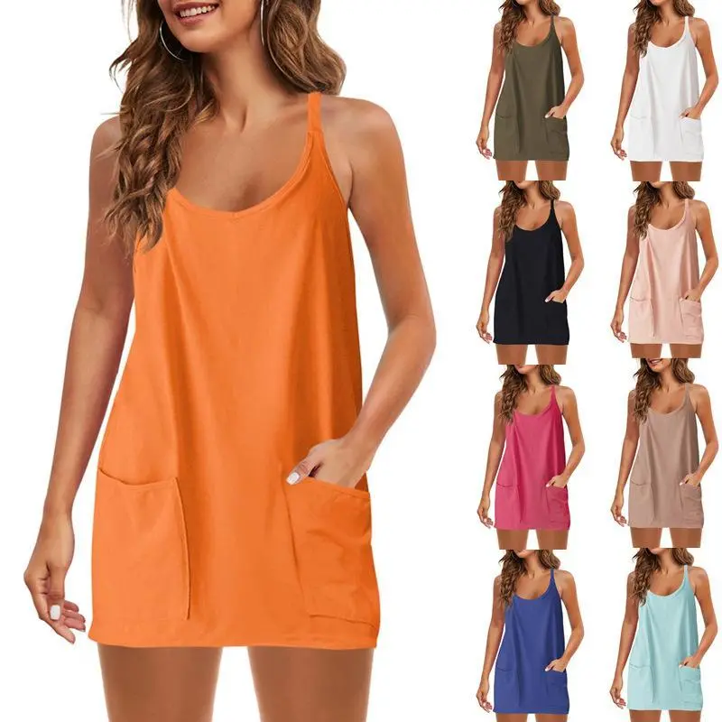 Women'sSummerSleevelessMiniDressV-neckSpaghettiStrapSportsBuilt-inShortsSundressSolidColorSleevelessDressSpaghettiStrapVestDress233