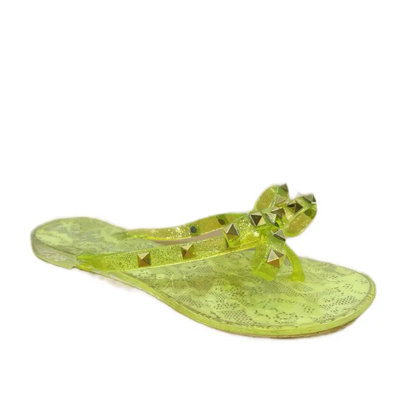 Women's Lime Green Flip Flops with Arch Support, Cute Bow Knot Slip On Perspex Sandals, Casual Summer Footwear with Rivet Detail, Flipflop, Casual Wear, Open Toe, Arch Support Women's Flip Flops, Toed Thong, Plastic, Waterproof, Decor, Flip Flops Flats