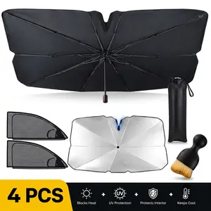 4-in-1 car windshield sun shade set. Package includes foldable sun visor, car window mosquito net and interior cleaning brush. It blocks UV rays and insulates heat. Available in large & small sizes, fits sedans, trucks and SUVs.