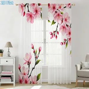 2D Flat 2Pcs Sheer Curtains, Romantic Pink Cherry Blossom Print, Pole Pocket Design Window Treatment for Living Room Bedroom Kitchen Home Decor, Home Decoration Curtain, Light Filtering Elegant Drapes