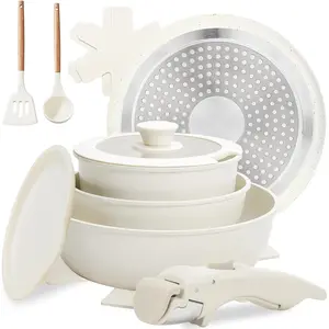 10 count Pots and Pan Set Non Stick with Detachable Handle, Ceramic Cookware Set for Stackable, Induction Kitchen Cookware Set for RV, Dishwasher & Oven Safe, Cream White