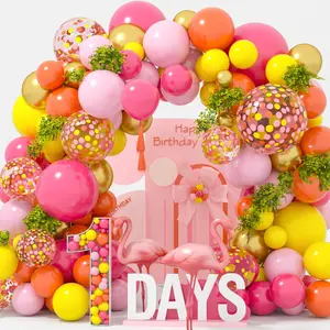 132Pcs Hot Pink Orange Gold Balloon Arch Kit 18"12" Pink Orange Yellow Balloons Metallic Gold Latex Balloons for Pink and Orange Party Decorations Tropical Summer Party Decorations