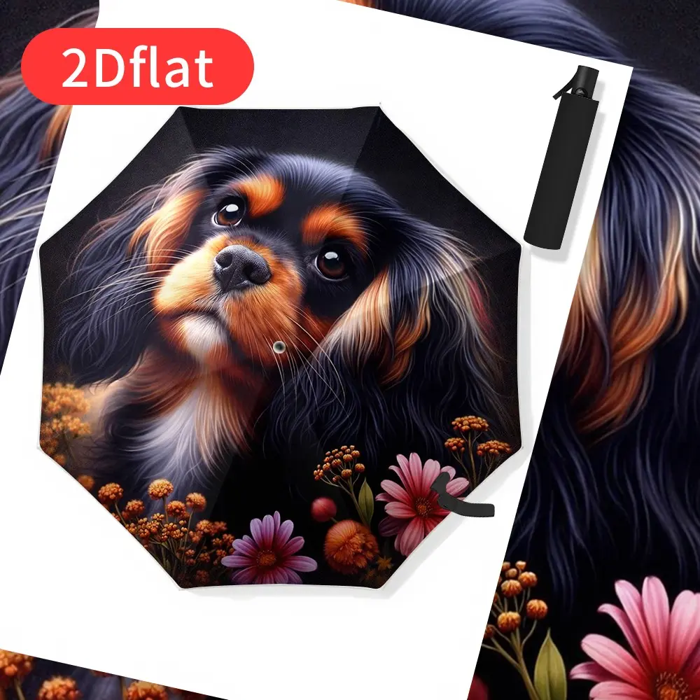 Foldable umbrella featuring an elegant portrait of a Cavalier King Charles Spaniel, surrounded by an array of flowers. Perfect for travel, backpacking, and gifting.