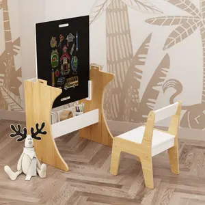 [SOIYELIFE] Kids Table Set with Chair, Multifunctional Wooden Children Study Table-Convertible Tabletop for Study, Drawing & Play, Natural,Unique furniture