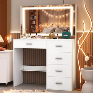 Vanity Desk with LED Lights,Makeup Vanity with Dressing Table Set with 5 Drawers,Vanity Large Mirror 3 Lighting Color Adjustable,White