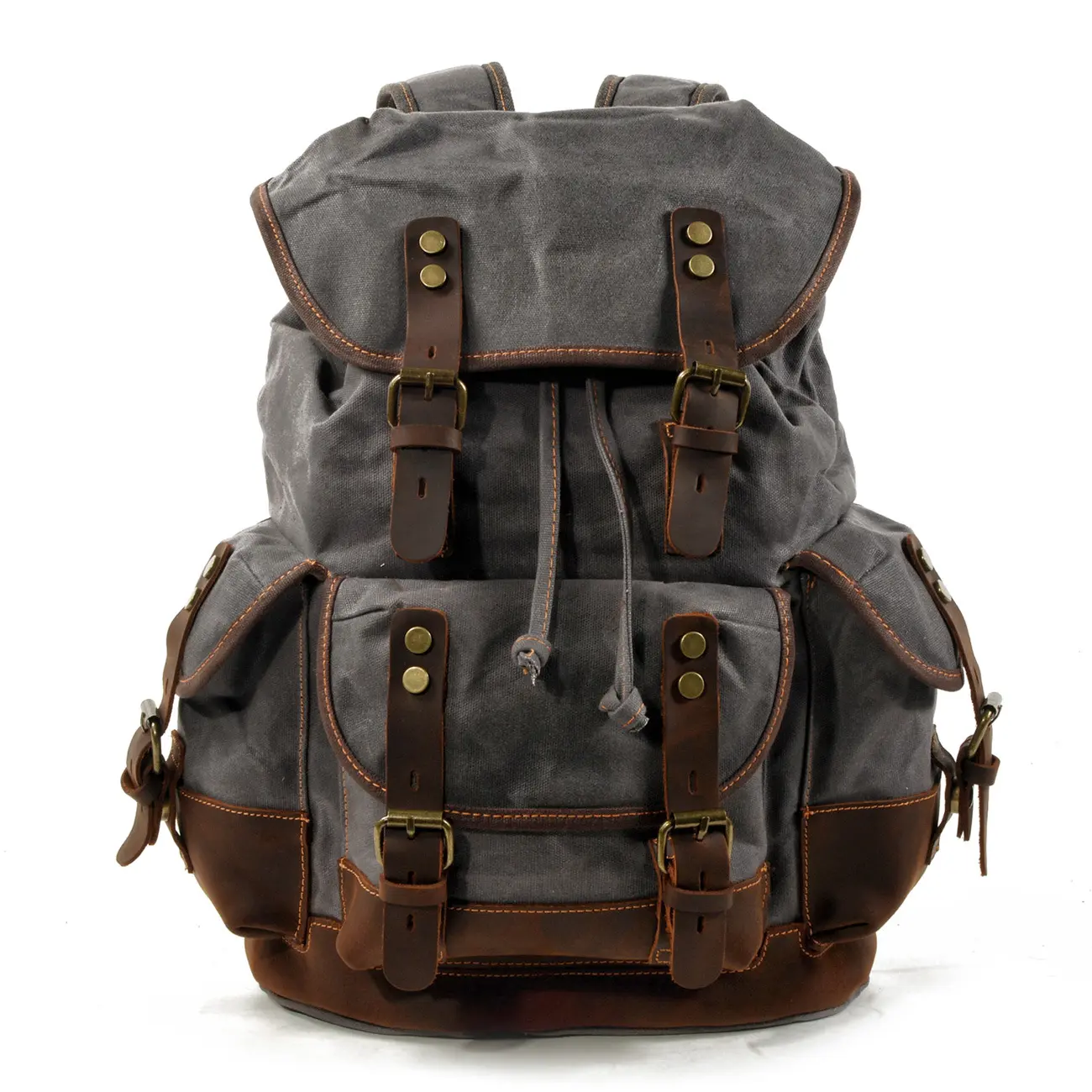 Men's 22L Rugged Genuine Leather-Waxed Fabric Travel Backpack, Durable Hiking Rucksack with Shoulder Strap, Drawstring Lock, Tactical Accessories