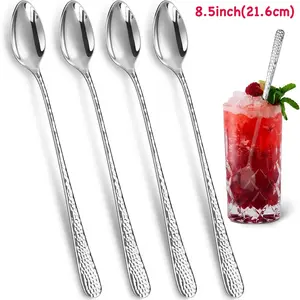 4/6/8Count Stylish Hammered Design Iced Tea Spoons, Thick Stainless Steel Long Handle Stirring Spoons for Coffee/cocktails/Smoothies/Milkshake, Elegant Gift, Home Bar Accessories