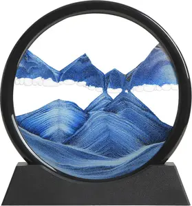 Moving Sand Art Liquid Motion 3D Deep Sea Sandscape Color Quicksand Decor Round Glass Picture Relaxing Desktop Home Office Work Decor Blue 7 inch