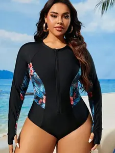 Plus Size Long Sleeve Swimsuit - Tropical Zipper One-Piece for Summer Holiday