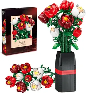 Mother's Day Gift Roses Bouquet Blocks Set 818 PCS Flowers with Vase for Birthday Home Decoration Gift to Her Him Mom Girlfriend Boyfriend