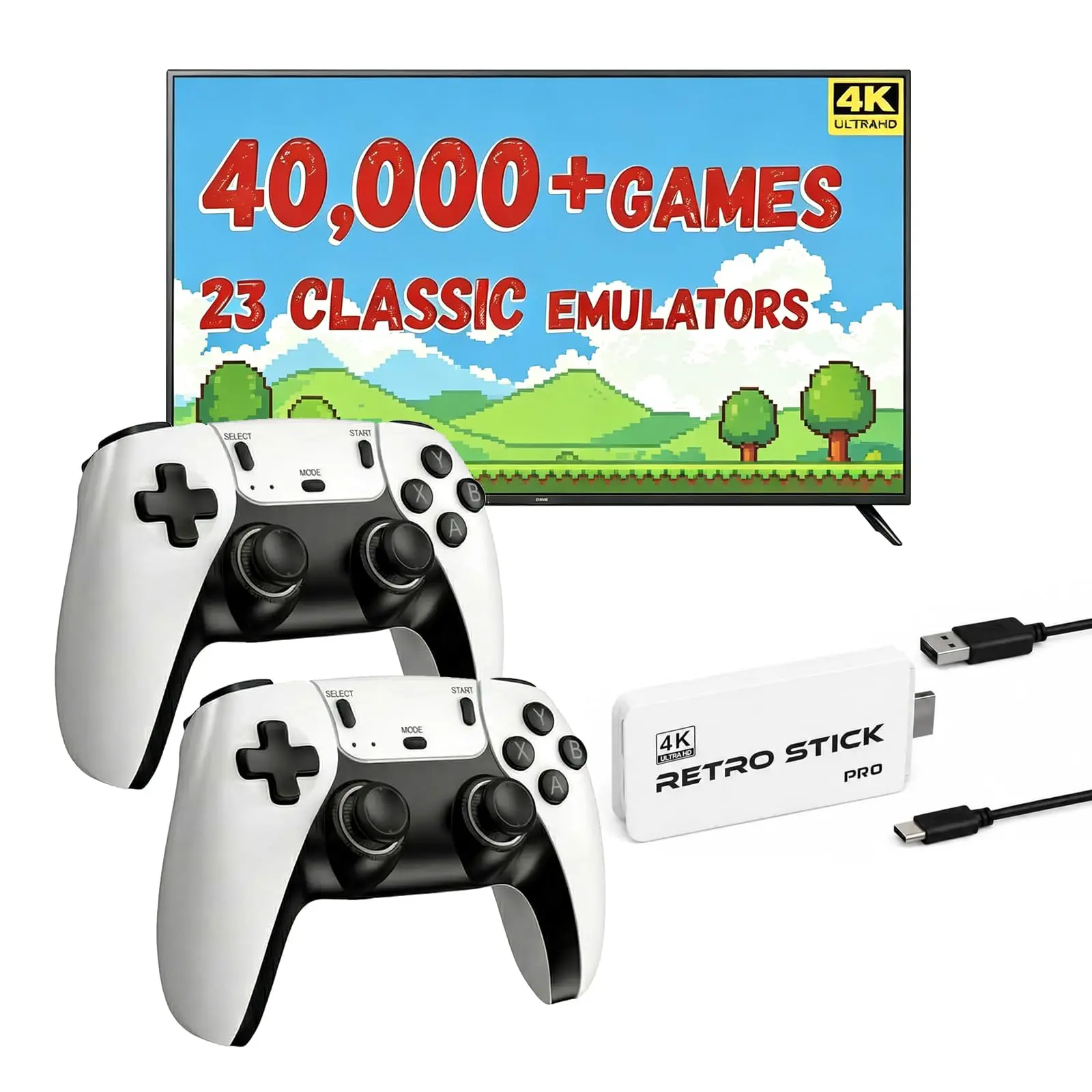 4K Retro Game Stick Pro for TV, Wireless Gaming Console with 2 Ergonomic 2.4GHz Controllers, 64GB Storage, HDMI Output