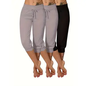 3pcs Plus Size Women'S Yoga Capris - Solid Color with Drawstring, Stretchy Polyester Blend, Mid-Calf Pants with Pockets Fitness Summer Bottoms