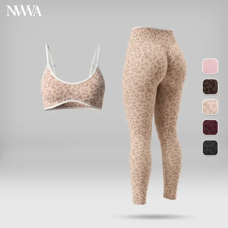 Women’s Leopard Print 2-Piece Gymwear Activewear Set - Thin-Strap Color-Block Sports Bra, High-Waisted Tummy Control Leggings, Quick Dry, Moisture-Wicking, Breathable, Fitted, Machine Washable for Gym, Running, Active Outfits, Matching Workout Set