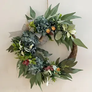 Elegant Country Style Decorative Flower Wreath, Light Blue Hydrangea with Peach Rose and Mixed Berries, All-Season Decor for Porch and Entrance, Party Decoration
