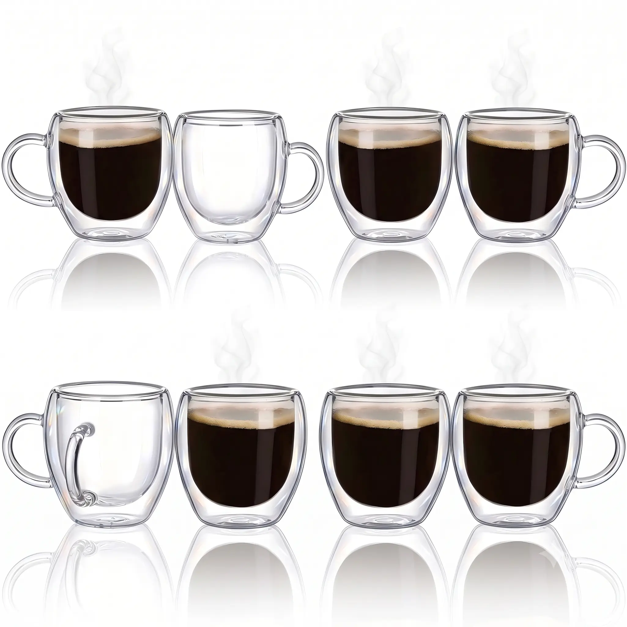 8Pack - 2.6oz Double-Walled Glass Espresso Cups with Handles, Clear Espresso Cups, Essential for Beverages, High-Borosilicate Glass, Tea Cups, Cappuccino Cups, Latte Cups, Crystal Glasses, Coffee Cups, Handheld Cups, Compatible with Espresso Machines