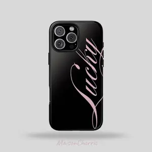 MaisonCherrie Lucky Phone Case Pink Text on Black Tough Waterproof Case for iPhone X 11 12 13 14 15 16 Impact Resistant Polycarbonate TPU