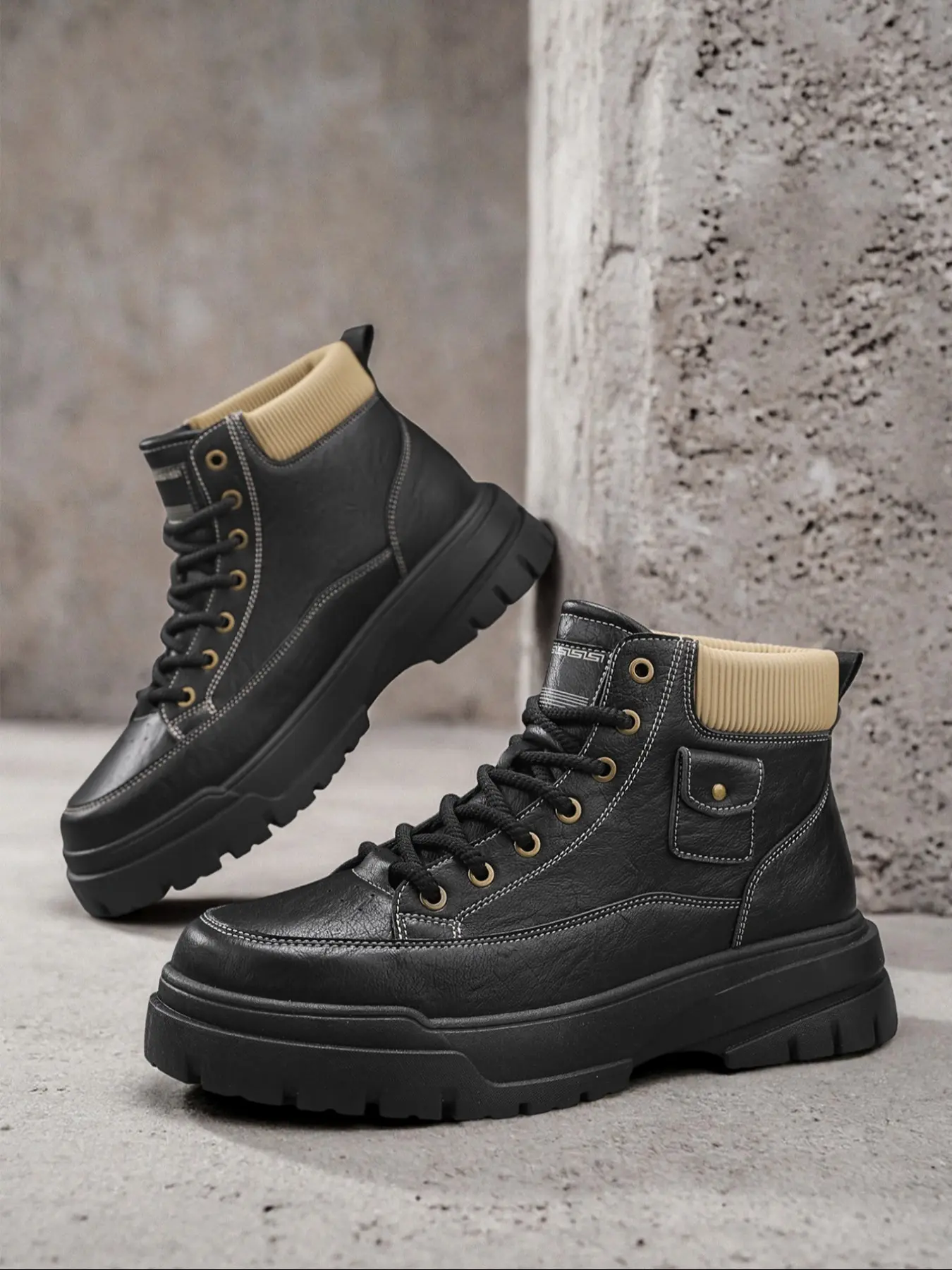 Men's High-Top Casual Leather Shoes, Thick Sole Workwear Motorcycle Combat Boots, New Season Mid-Calf Fashion Footwear, Army Shoes